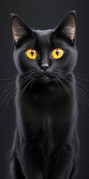 Foto schwarze Katze mit gelben Augen, die verschwommen in die Kamera blickt