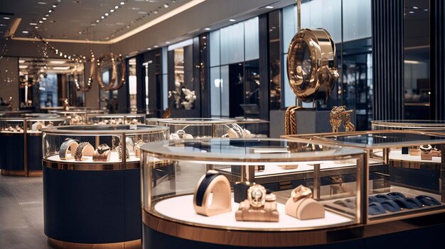 Una foto de la sección de joyería y relojes de alta gama de una boutique.