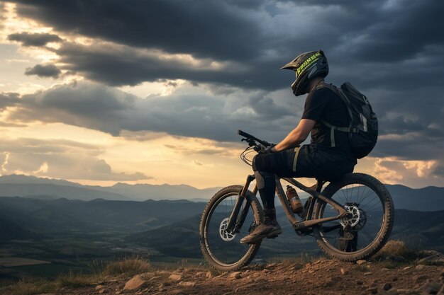 Foto foto-seiteansicht eines männlichen radfahrers mit helm, der auf einem mountainbike gegen einen bewölkten sonnenuntergang auf dem land sitzt