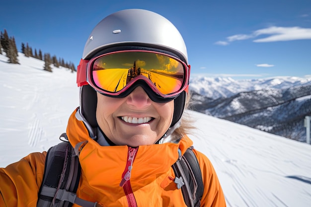 Foto selfie de uma mulher idosa com óculos de esqui, um chapéu e equipamentos contra o fundo de uma paisagem montanhosa ensolarada e nevada