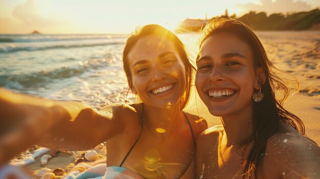 Foto foto de un selfie de puesta de sol en una playa tropical y conchas marinas