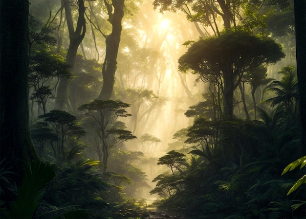 Foto selva selva tropical con río y niebla sobre árbol IA generativa