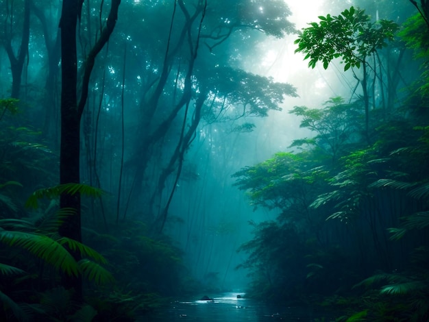 Foto selva selva tropical con río y niebla sobre árbol IA generativa