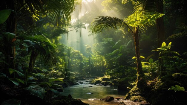 Una foto de una selva tropical con un denso dosel que filtra la luz solar