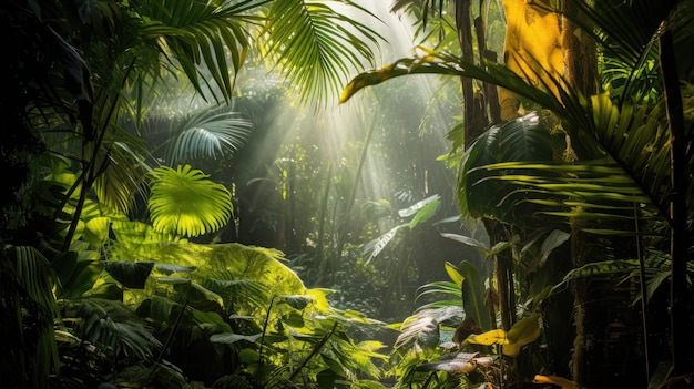 Foto una foto de una selva tropical con exuberante follaje salpicada de luz solar