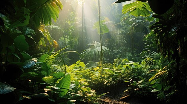 Una foto de una selva tropical con un follaje verde exuberante manchado de luz solar