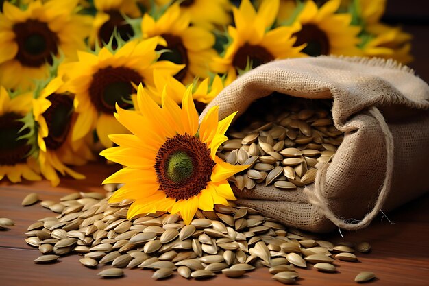 Foto de semillas de girasol en una bolsa de tela