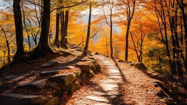 Una foto de un sendero de montaña con el follaje de otoño y la cálida luz solar