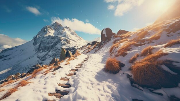 Una foto de un sendero nevado que conduce a una montaña