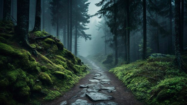 Una foto de un sendero que conduce a un bosque de niebla