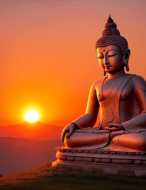 Foto de una serena estatua de Buda sentada en lo alto de una majestuosa colina que irradia paz e iluminación.