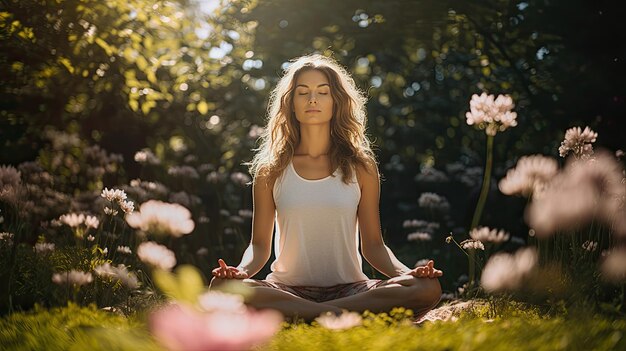 Una foto serena y pacífica que captura a una mujer joven participando en una sesión de yoga revitalizante