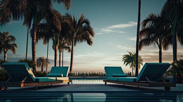 Foto una foto de una serena piscina al aire libre con sillas de descanso palmeras