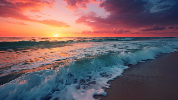 Una foto de una serena puesta de sol en la playa con las nubes formando un cielo dramático