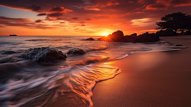 Una foto de una serena puesta de sol en la playa con vibrantes tonos de naranja y rosa
