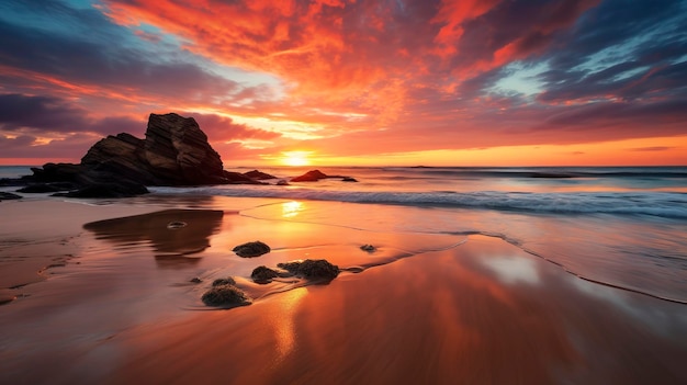 Una foto de una serena puesta de sol en la playa con vibrantes tonos de naranja y rosa