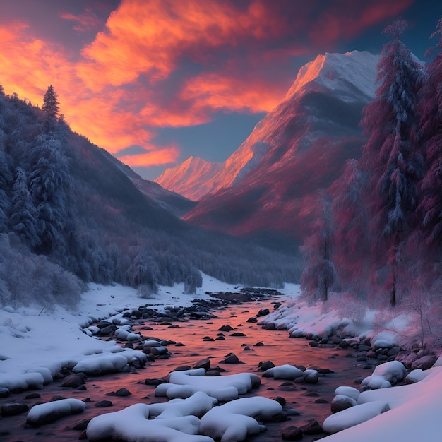 Foto de un sereno paisaje invernal con un río que fluye a través de un bosque cubierto de nieve
