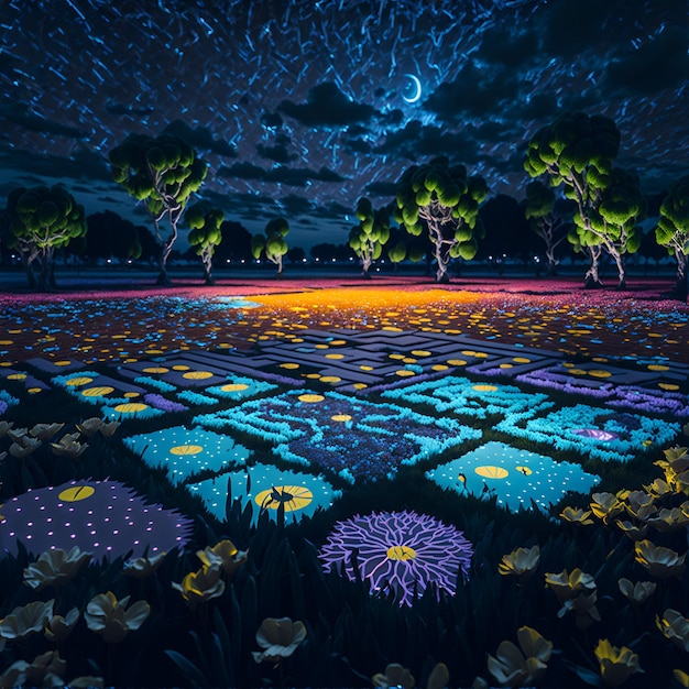Foto de un sereno paisaje nocturno con flores y árboles imponentes.