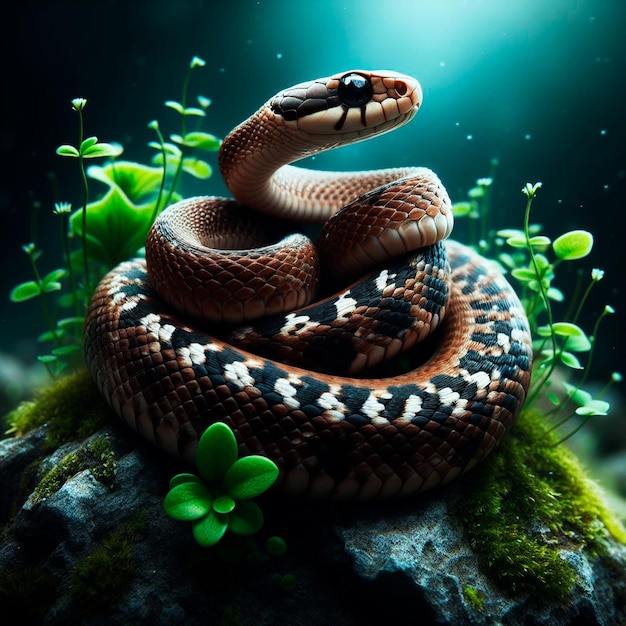 Foto foto de una serpiente en una roca con plantas