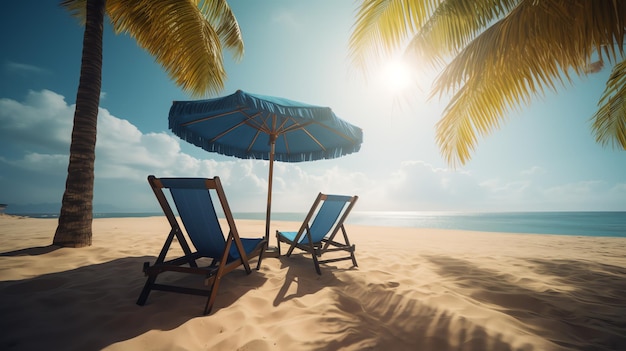 Foto silla azul y sombrilla en playa con palmera generada por ai