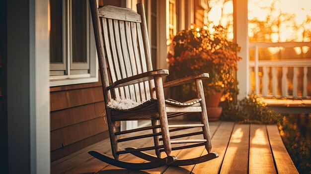 Foto una foto de una silla de balanceo vintage en un porche delantero con la cálida luz del atardecer