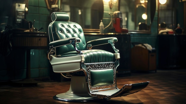 Una foto de una silla de barbero en una barbería de estilo antiguo.