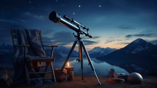 Una foto de una silla de campamento de telescopio y una carta estelar