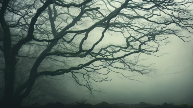 Una foto de una silueta de árbol en un bosque brumoso con un fondo de bosque brumoso