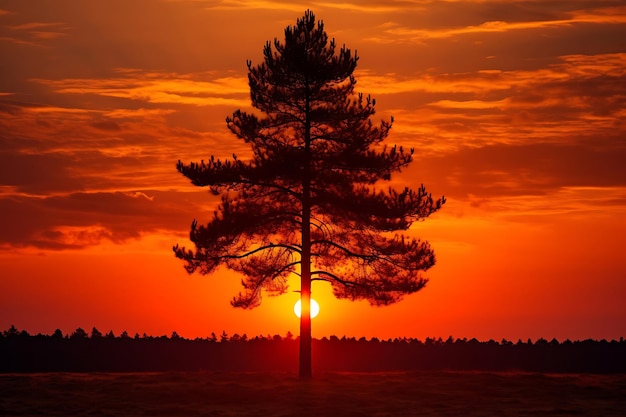 Foto de la silueta de un pino contra una puesta de sol ardiente