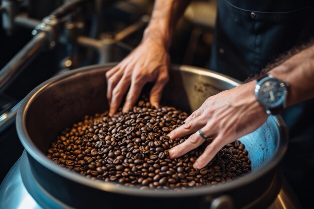 Foto simétrica de manos sosteniendo granos de café sobre la máquina de tostar café