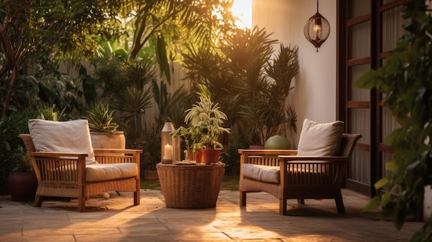 Una foto de un simple patio al aire libre con muebles de madera y plantas en maceta