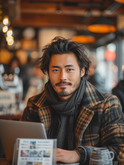 Foto una foto sincera de un joven comerciante japonés