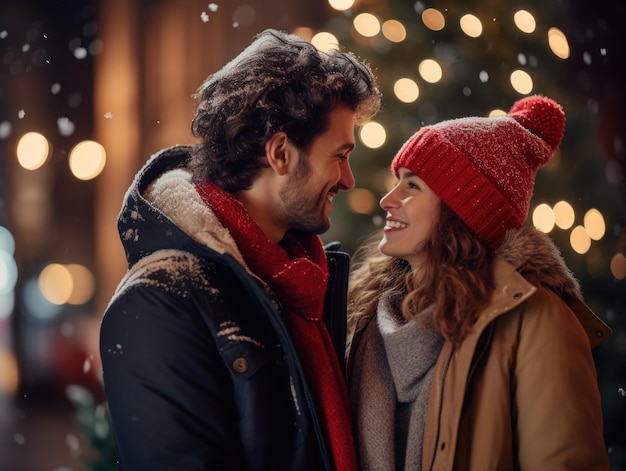 Una foto sincera de una pareja de amor feliz en la nieve viendo un árbol de Navidad