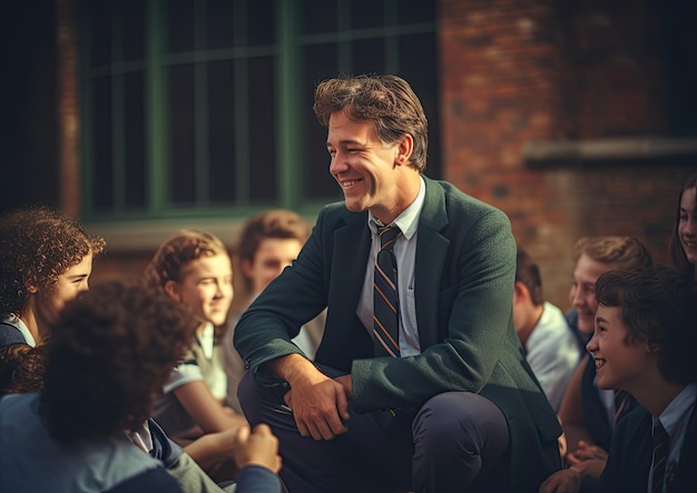 Una foto sincera de un profesor interactuando con los estudiantes durante un descanso, capturando sonrisas genuinas y