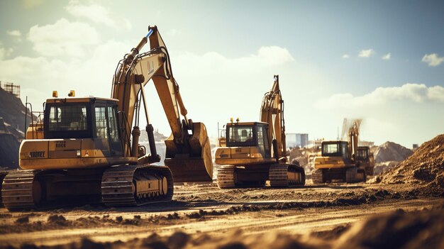 Una foto de un sitio de construcción con una fila de excavadoras