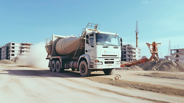 Una foto de un sitio de construcción con una mezcladora de hormigón