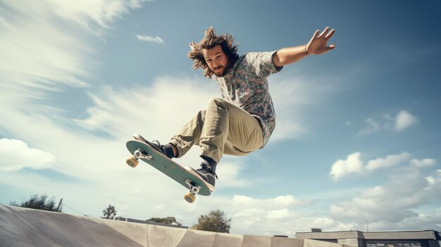 Una foto de un skater realizando un truco impresionante.