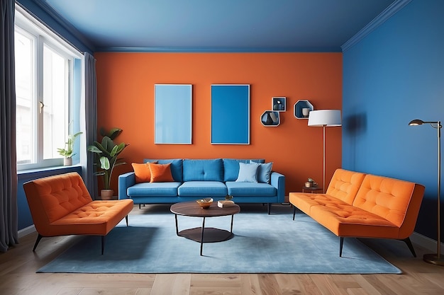 Foto foto sofá laranja e parede azul na sala de estar moderna