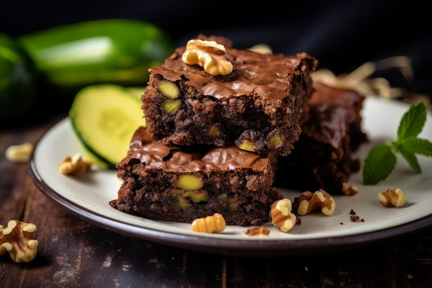 Foto soft focus brownies de calabacín con nueces en un plato oscuro