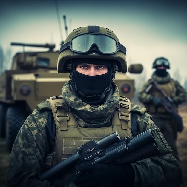 foto de un soldado completamente equipado con uniforme de camuflaje sosteniendo un rifle de asalto