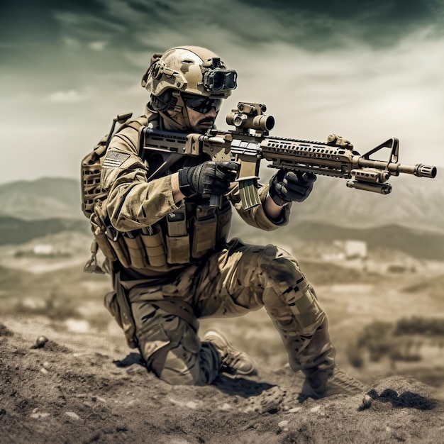 foto de un soldado completamente equipado con uniforme de camuflaje sosteniendo un rifle de asalto