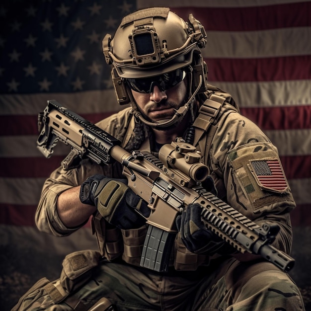 foto de un soldado completamente equipado con uniforme de camuflaje sosteniendo un rifle de asalto