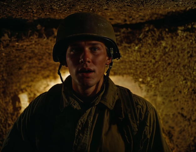 foto de un soldado intenso hombre en traje de ejército y casco en guerra peligrosa grave por la noche generativa IA