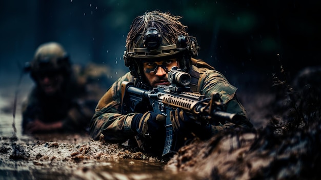foto soldado con pistola en el barro