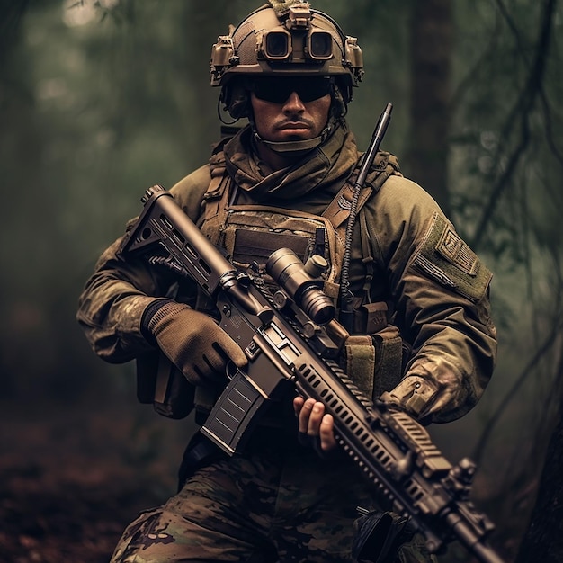 foto soldado totalmente equipado em uniforme camuflado segurando um rifle de assalto