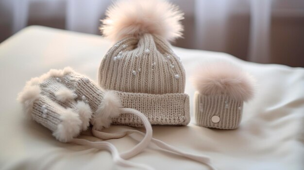 Una foto de un sombrero y guantes para bebés en una manta de peluche