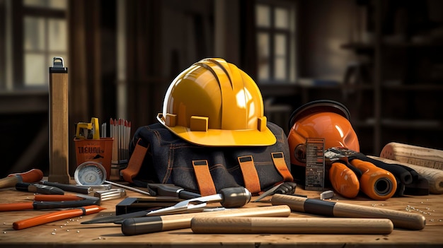 Una foto de un sombrero y herramientas de un trabajador de la construcción