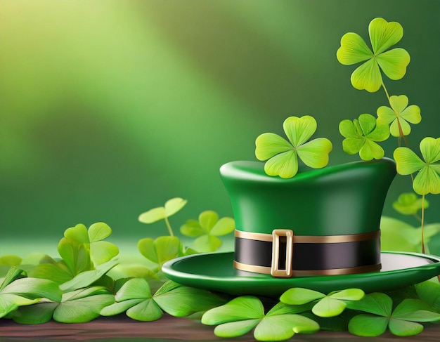 Foto del sombrero de St. Patrick, fondo con hojas de trébol, ilustración en 3D.