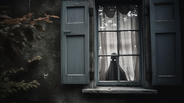 Foto sombría figura fantasma aterradora en la ventana generada ai