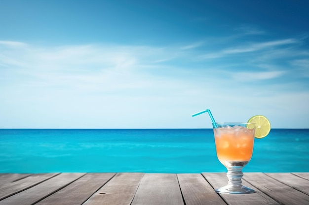 Foto Sommerprodukt Hintergrund blaues Meer und Getränk